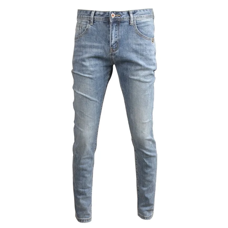 Autumn Light Blue Jeans Men Streetwear Casual Pencil Pants Korean Style Fashion Slim Fit Denim Trousers