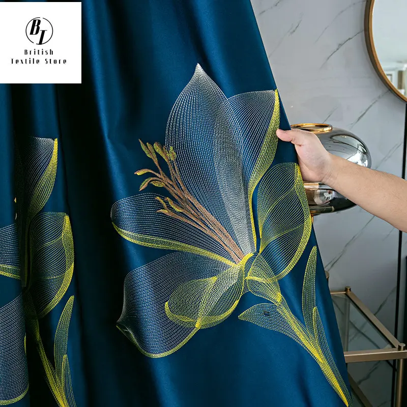 

Modern Blue Curtains for Living Room Bedroom Dining Lily Embroidery Luxury Custom High Shading Curtain Tulle Sheer Window Drape