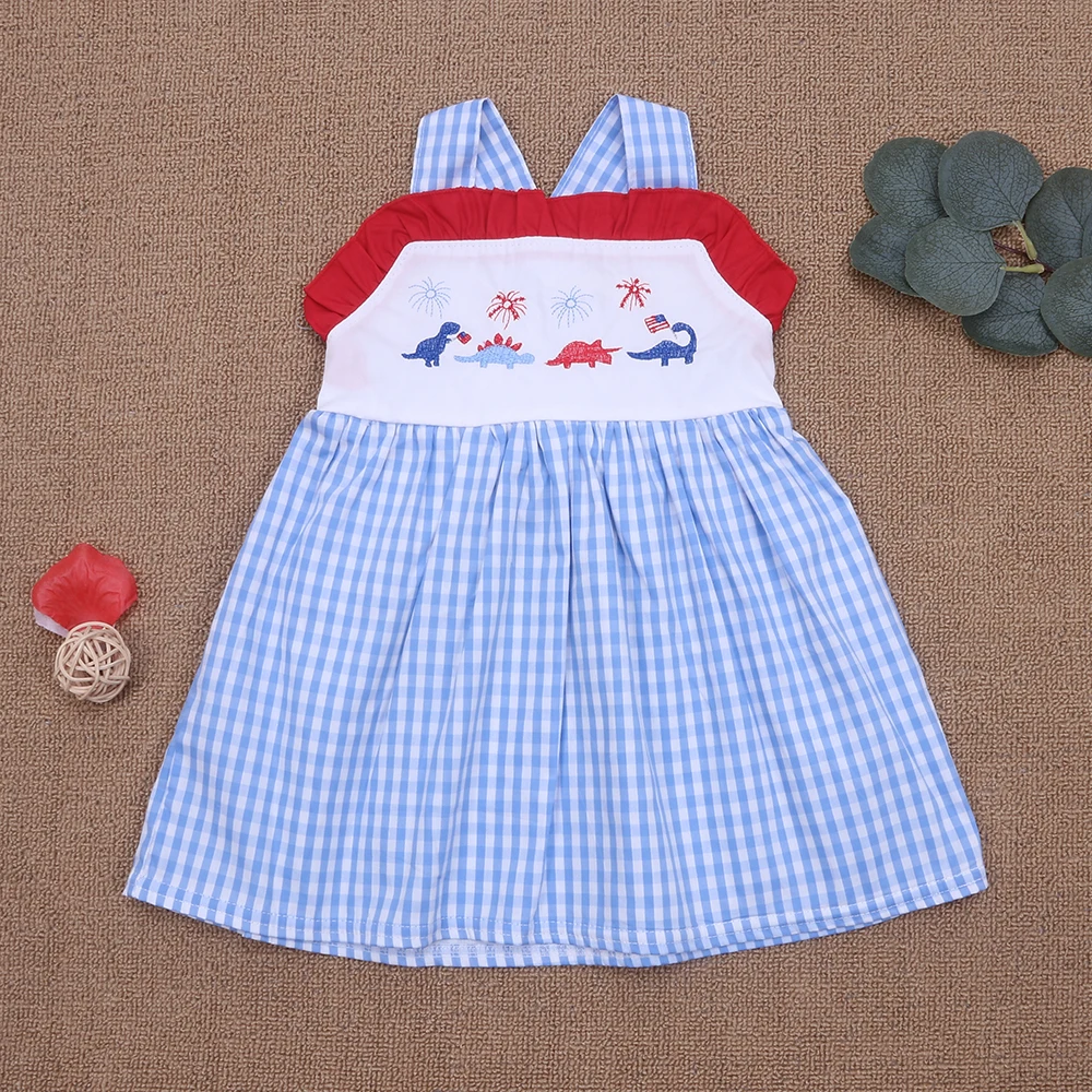 

One-Piece Cotton Clothes Summer New Style Cute Dinosaur Flag Embroidery Dress Blue Grid Jumpsuit Dress For Girls
