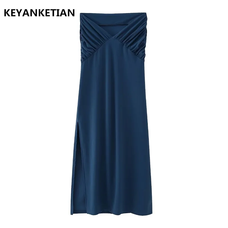 

KEYANKETIAN Summer New Women's Pleated Decorative Elastic A-Line Waist Skirt Fashion High Fanny Pack Hip Slit MIDI Skirt