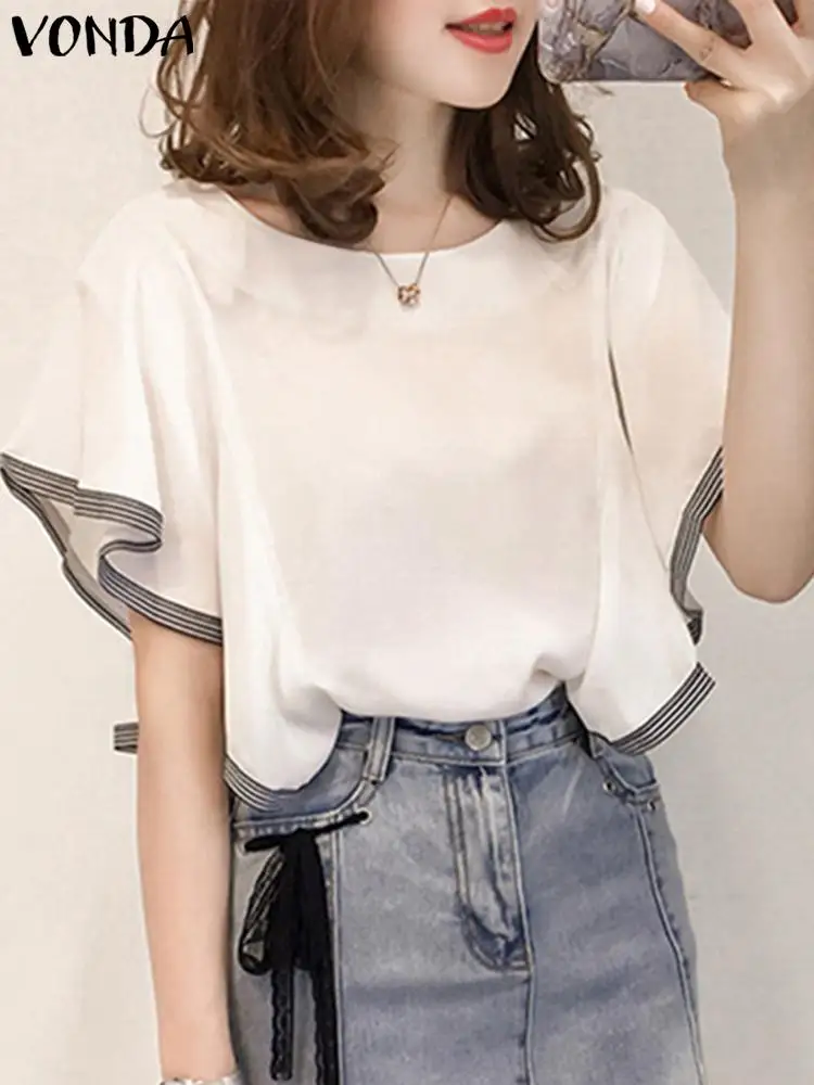 

VONDA Sexy Summer Tops Women Blouse 2023 Fashion Shirts Casual Round Neck Bat-wing Sleeve Casual Baggy Tops Oversized Blusas