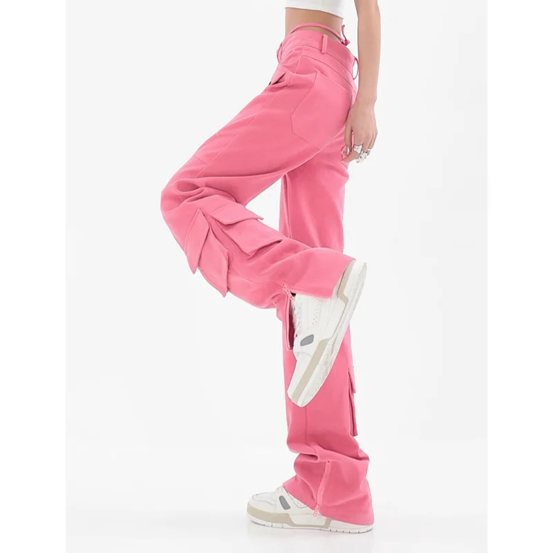 

2023 Hot sale Women's Pink Cargo Jeans Pocket Straight Vintage Streetwear High Waist Casual Fashion Baggy Wide Leg Slit Denim Tr