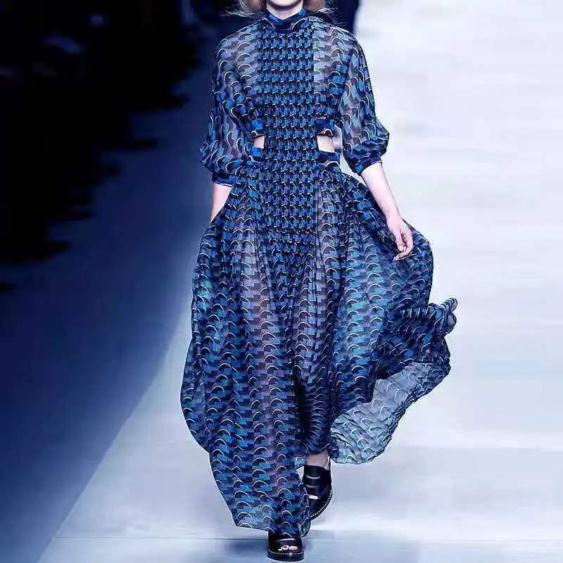 

Summer Print Dress For Women Stand Collar Long Sleeve High Waist Hollow Out Midi Dresses Female Fashion 2022 New