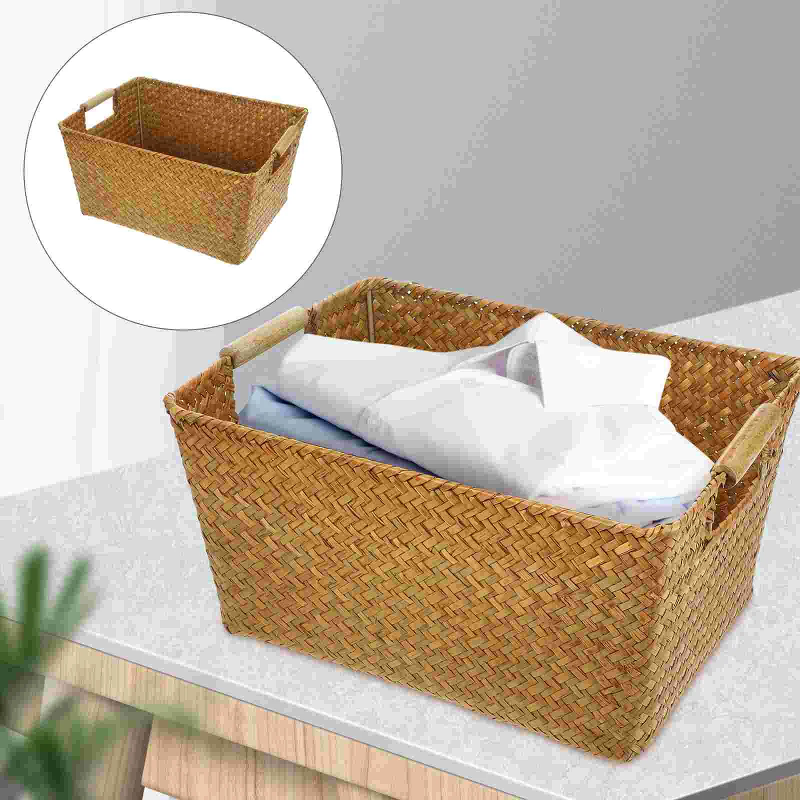 

Woven Storage Basket Rustic Bins Small Crates Desktop Organizer Wooden Handle Portable Case Toy