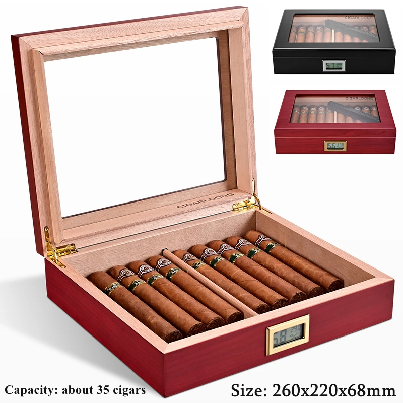 

260x220x68mm Cedar Wood Cigar Humidor Transparent Window Capacity 35 Cigars Case Portable Sealed Black Red Cigarette Storage Box