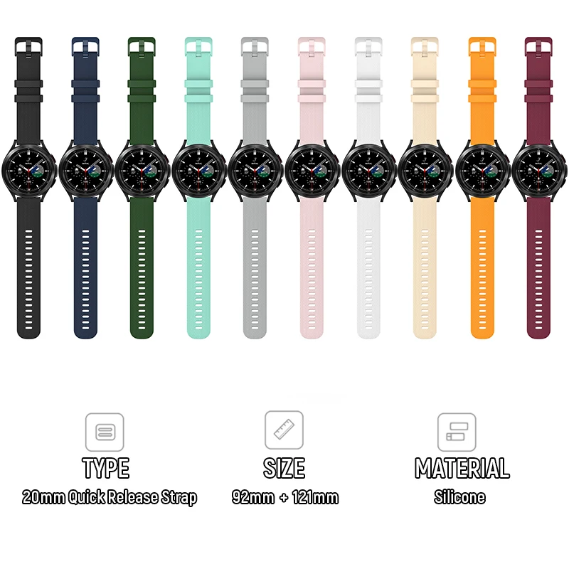 20mm Silicone Strap For Samsung Galaxy Watch 4 40mm 44mm Classic 42mm / 46mm Smartwatch Replacement Quick Bracelet Accessories