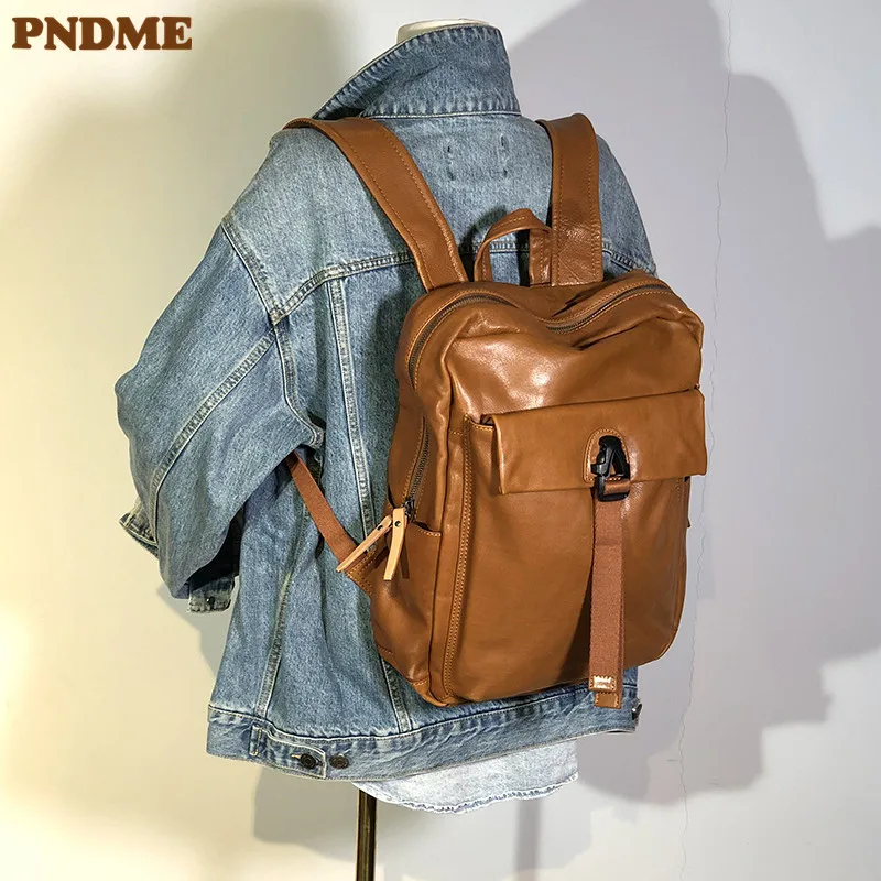 

PNDME retro luxury natural genuine leather men's women's backpack designer weekend outdoor travel real cowhide school bag