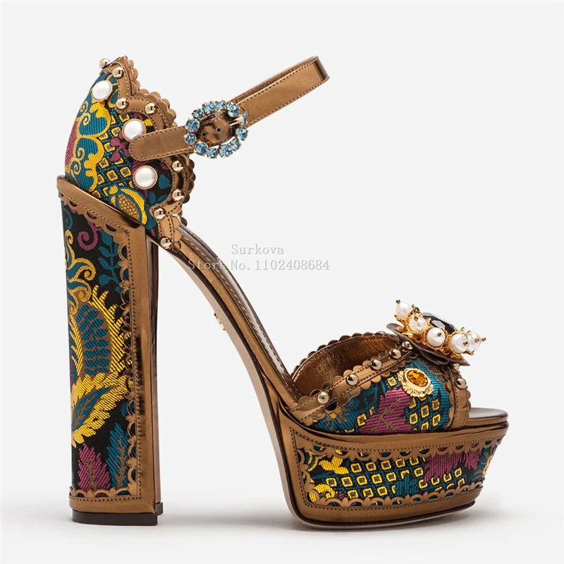 Vintage Platform Pearl Rhinestone Sandals 2023 New 14CM Super High Chunky Heel Baroque Shoes Elegant Ladies Party Wedding Pumps