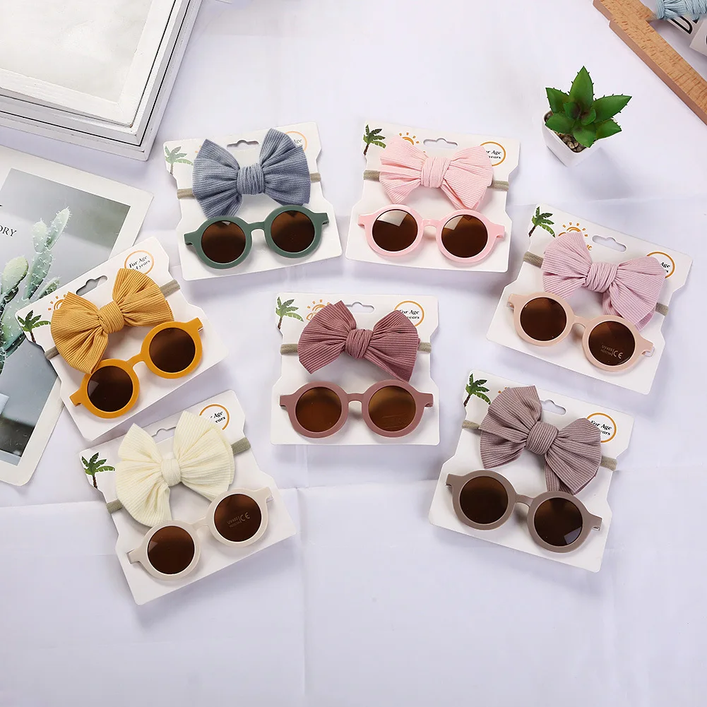 

2Pcs/Pack Vintage Kids Summer Bows Headband Round Sunglasses Children Sun Glasses Protection Glasses Baby Hair Accessories