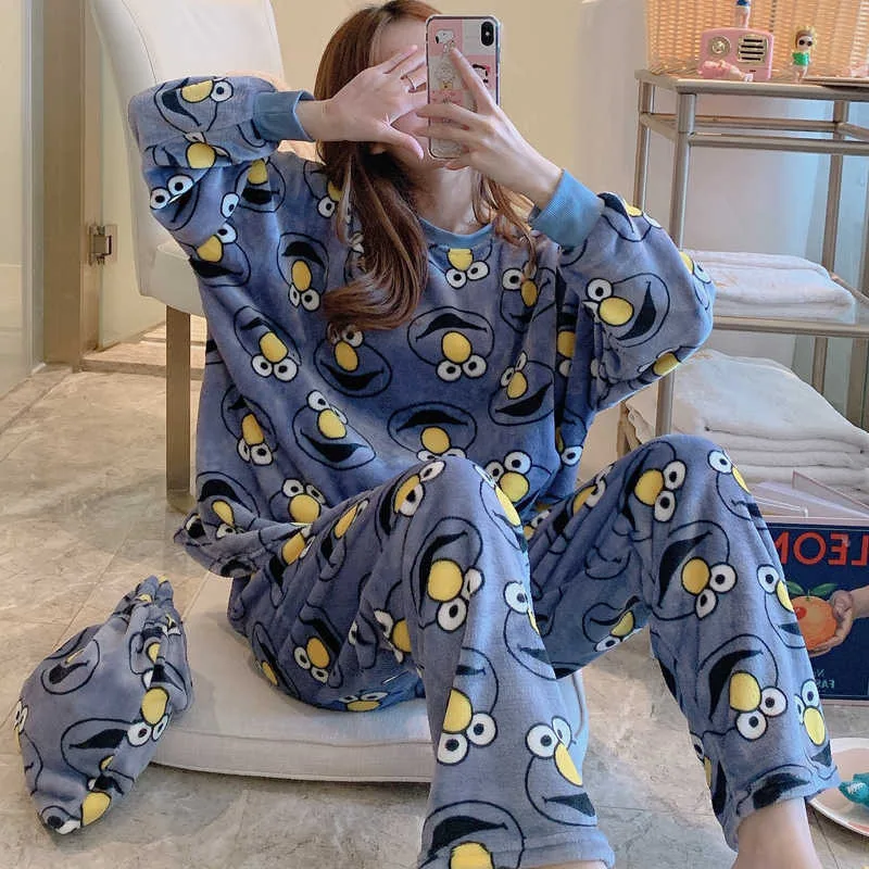 Autumn Winter Warm Flannel Women Pyjamas Sets Thick Coral Velvet Long Sleeve Cartoon Sleepwear Flannel Pajamas Set Girl