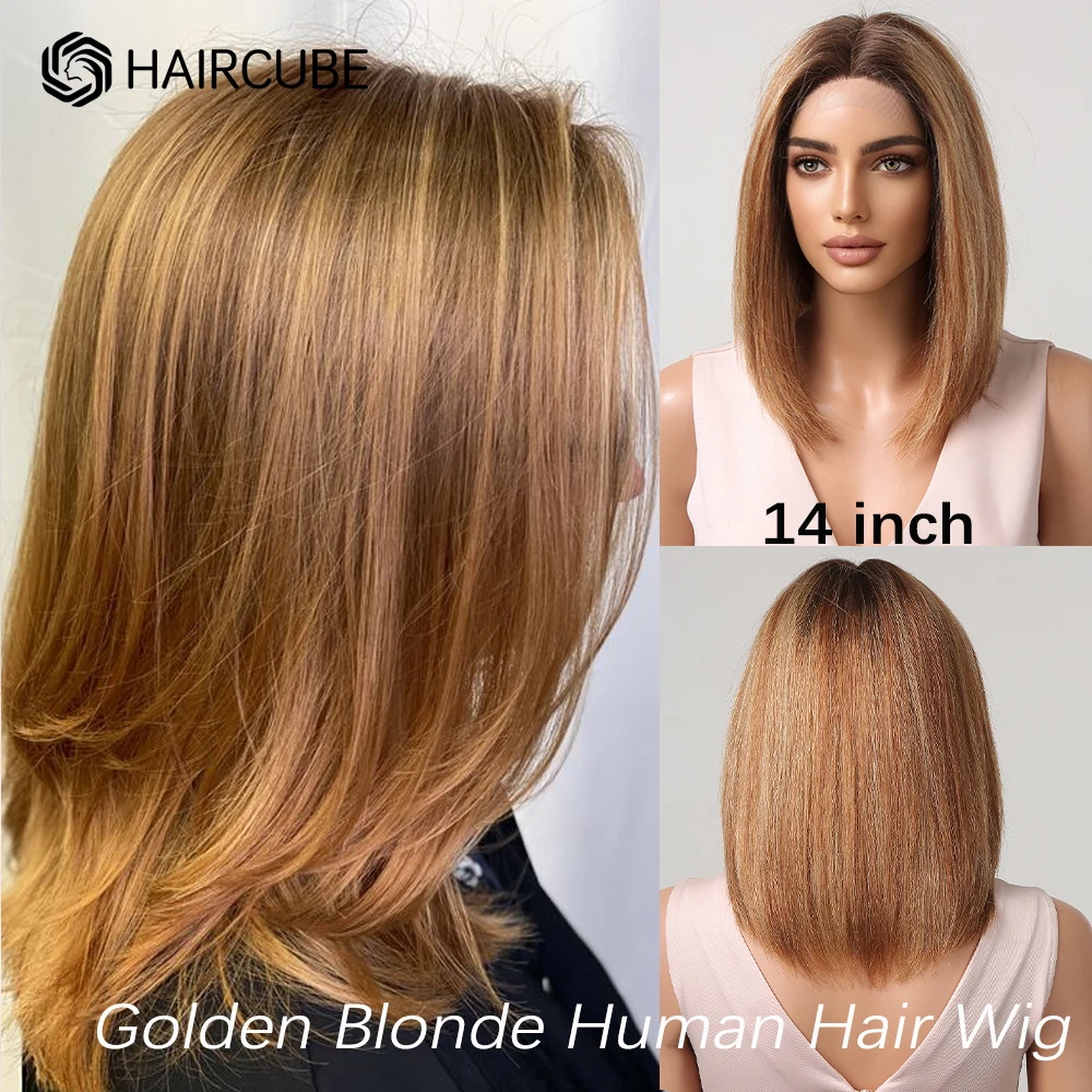 Ombre Light Golden Brown Human Hair Wig Lace Front Bob Wigs Shoulder Long Straight Women's Wig Lob Hairstyle Middle Parted Daily