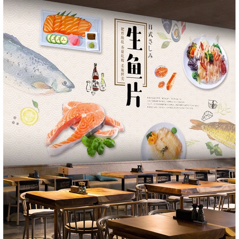 Hand painted Japanese salmon sashimi Yusheng wallpaper Ju Tavern Restaurant mural sushi shop Japanese restaurant wallpaper images - 6