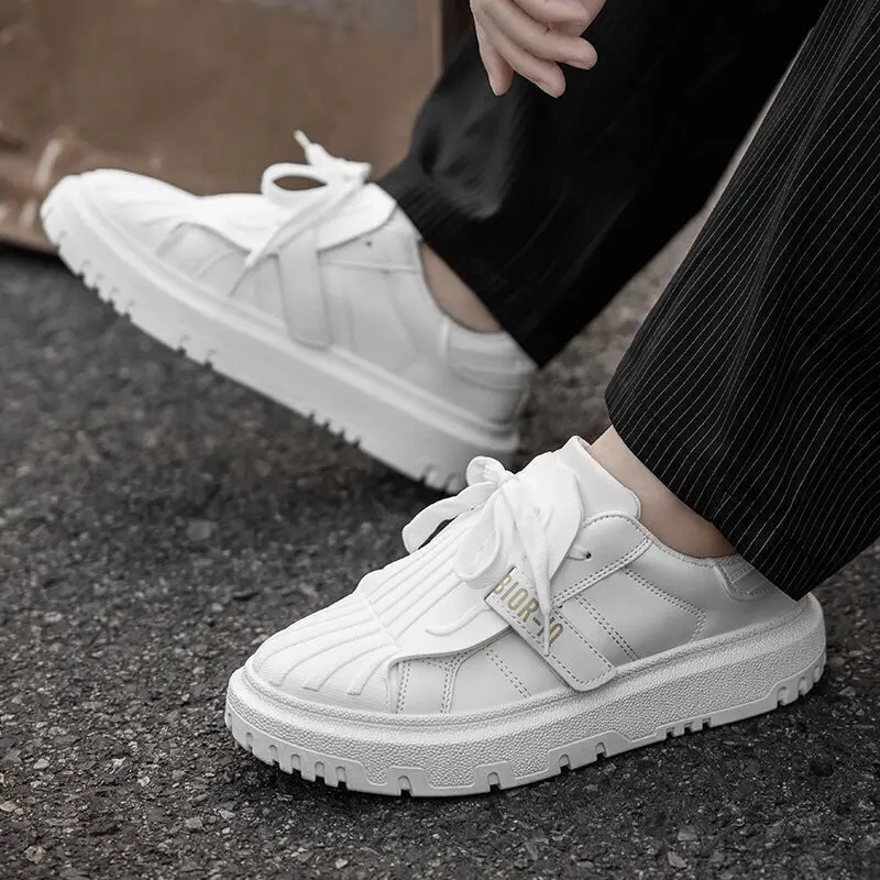 

Genuine Leather Thick Sole Woman men Shoes Casual Sneakers High Quality Flats Ladies Vulcanized Shoes Autumn Shoes Zapatos Mujer