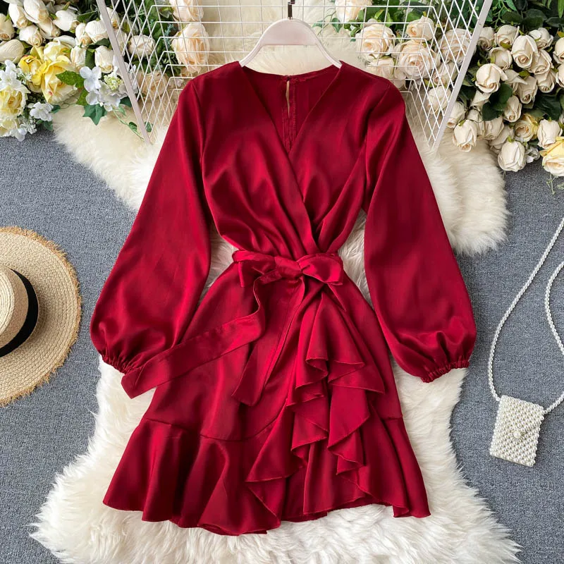 

Женское атласное платье с длинным рукавом, красное мини-платье с оборками в Корейском стиле, весна-осень 2023