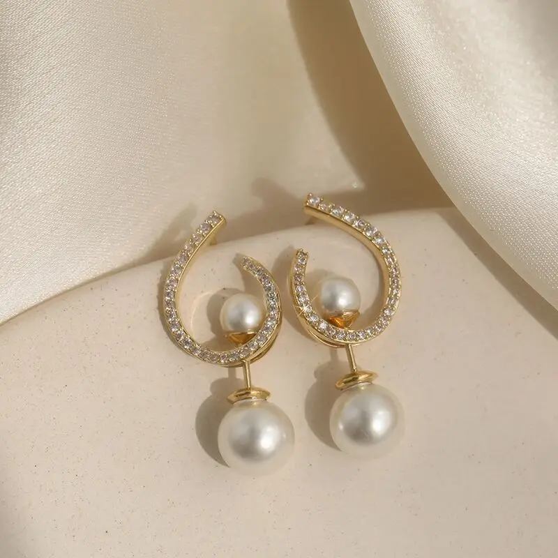 

2022 New Fashion Imitation Pearl Pendant Earrings Women's Geometric Rhinestones Elegant Party Banquet Jewelry