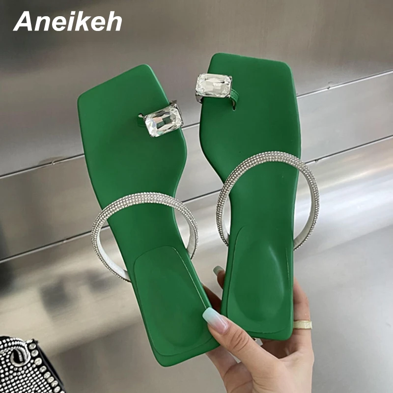 

Aneikeh 2022 Fashion Square Open Toe Mid Heel Women Slippers Bling Rhinestones Decoration Pinch Head Rome Style Concise Leisure