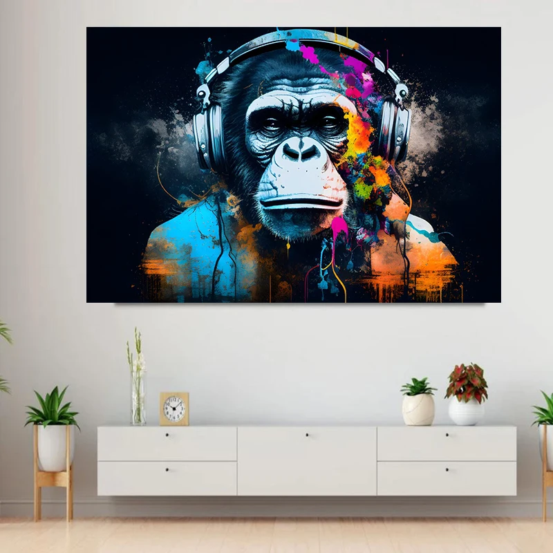 Обезьяна с наушниками DJ обезьяна плакат и принты граффити шимпанзе Картина на