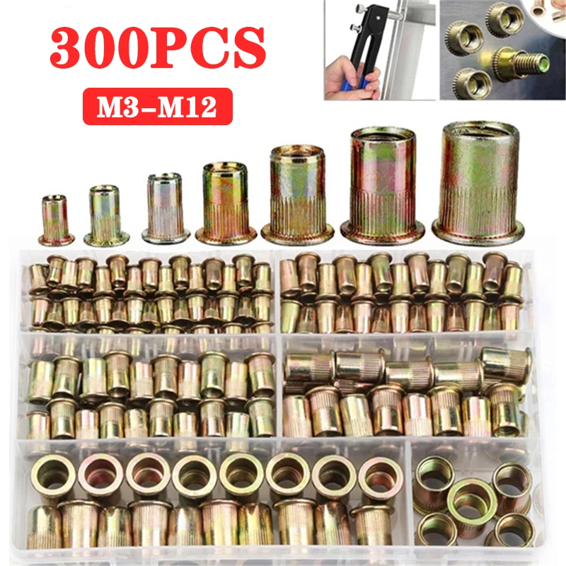 

300pcs M3 M4 M5 M6 M8 M10 M12 Carbon Steel Knurled Nuts Rivnut Flat Head Thread Rivet Insert Nutsert Cap Rivet Nut Set