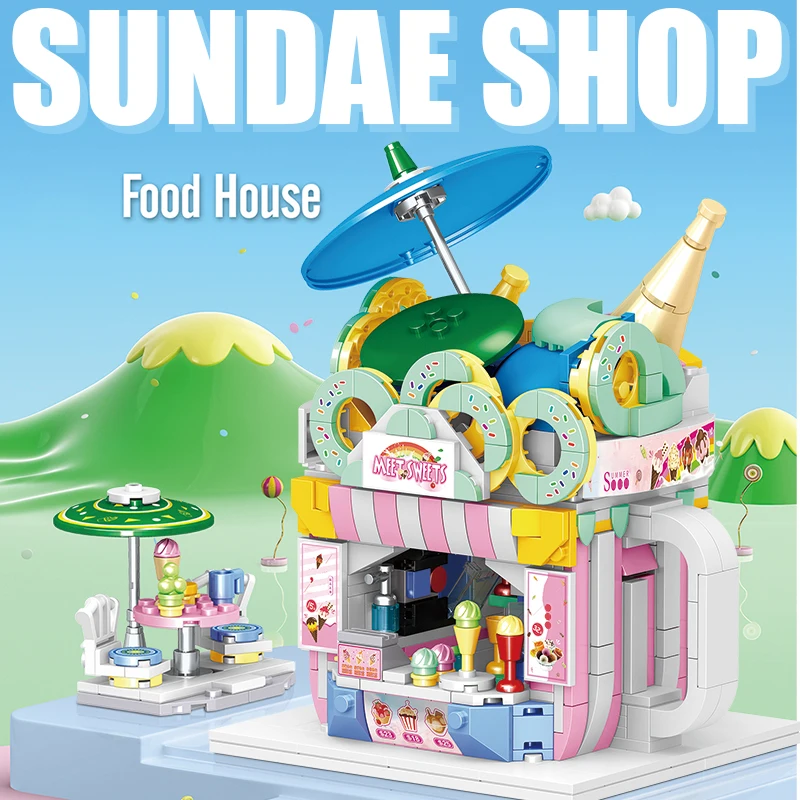 

City Street View Food Store Mini Bricks Coffee Ice Cream Shop Architectures Models Building Blocks Toys For Children Gifts