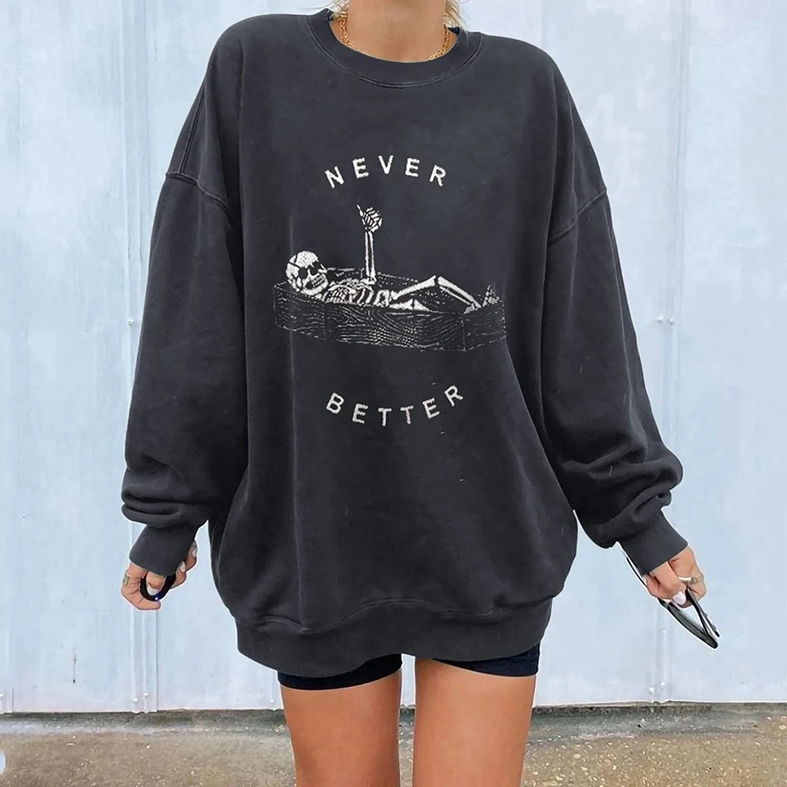

Junior Crop Sweater Womens Casual Long Sleeve Crew Neck Funny Skeleton Printed Hoodless Pullover Loose Womens Oversized Hoodies
