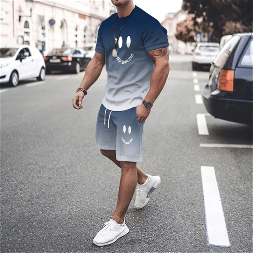 New Summer Men's Smiling Face 3D Printed Sports Suit Oversized Clothing Casual Outdoor T-shirt Shorts Short Sleeve 2-piece Set