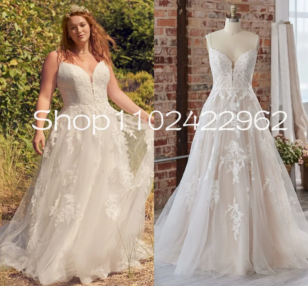 

Affordable boho floral wedding dress in an A-line silhouette lace applique spaghetti backless beach bridal gown outfit plus size