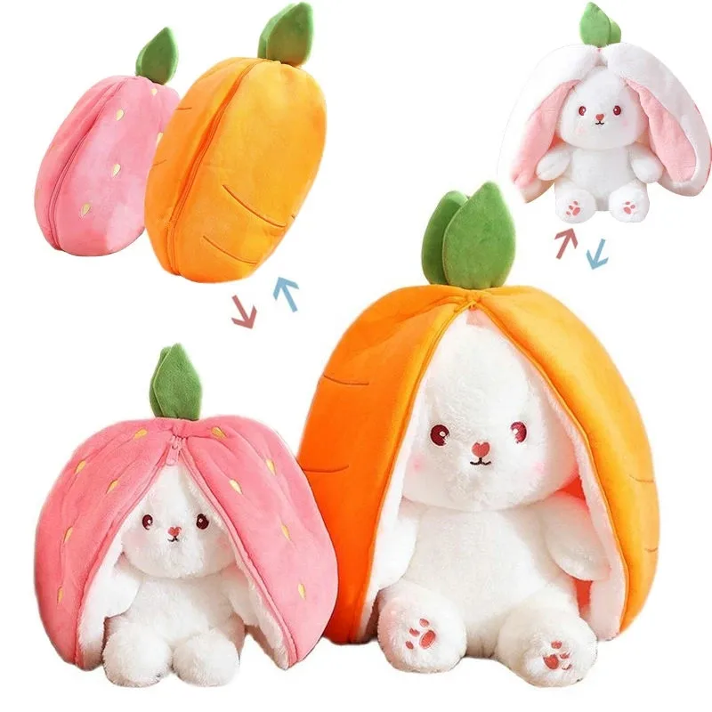 

New Cosplay Strawberry Carrot Rabbit Plush Toy Stuffed Creative Bag Into Fruit Transform Baby Cuddly Bunny Plushie Doll for Kids