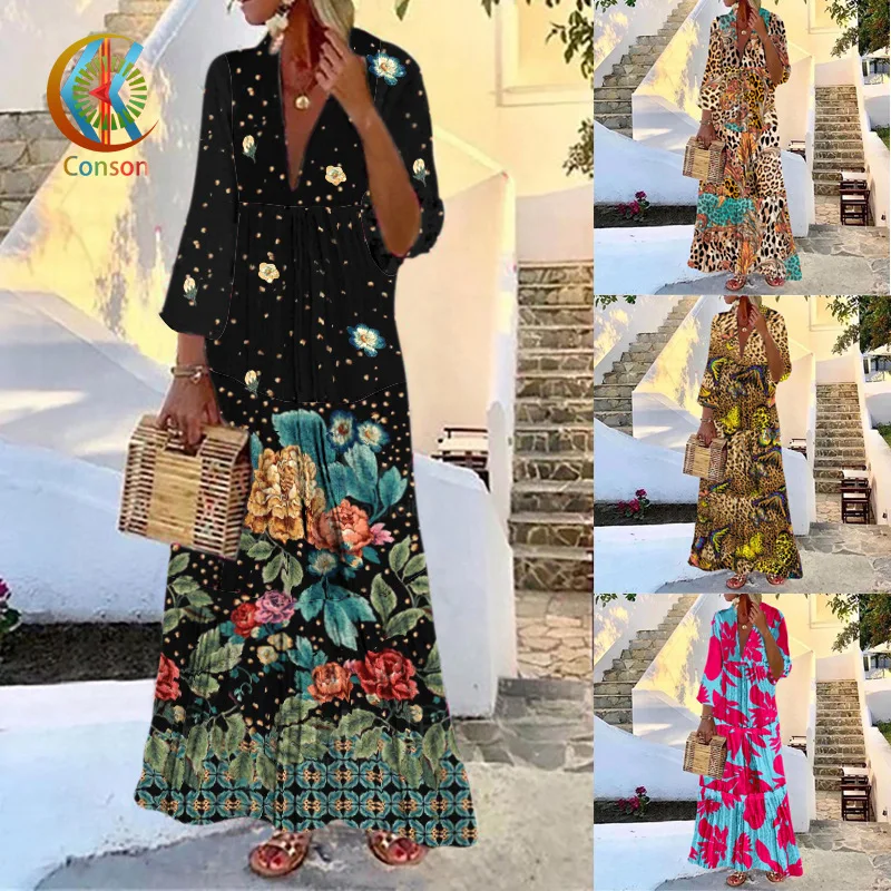 

Printed Dress Women Casual V-Neck Maxi Dress Long-Sleeved Floral Dress Spring Autumn Elegant Loose Dress