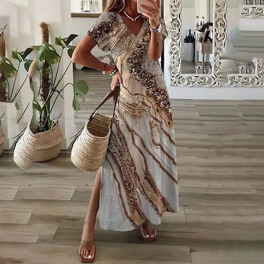 

Summer Beach Thin Maxi Dress for Women Vintage Loose Short Sleeve Daily V-Neck Split Elegant Boho Floral Sexy Long Party Robe