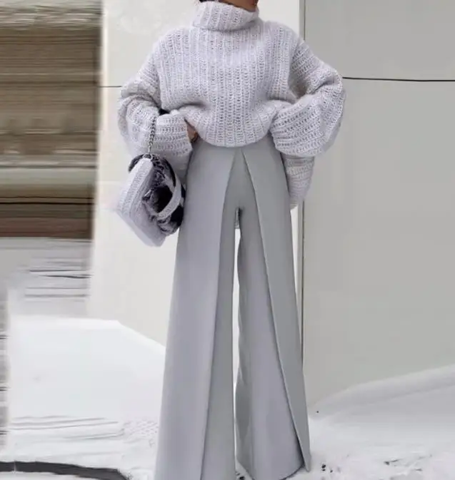 

Two Pieces Set for Women 2023Autumn/winter New Fashion Loose Solid Thick Sweater High Waist Wide Leg Pants Set Elegant Commuting