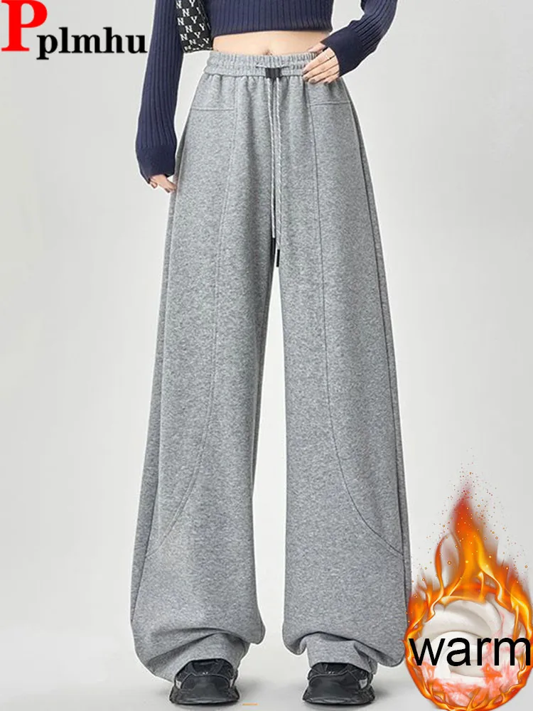 Корейский дизайн свободные утепленные прямые брюки зимние теплые эластичные с