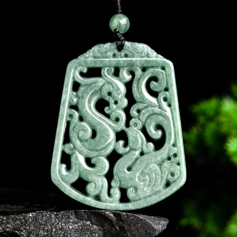 

Mai Chuang/ Hand-carved/ Natural Jade Hollow Antique Dragon Phoenix Brand Emerald Necklace Pendant Fine Jewelry Men Women Amulet
