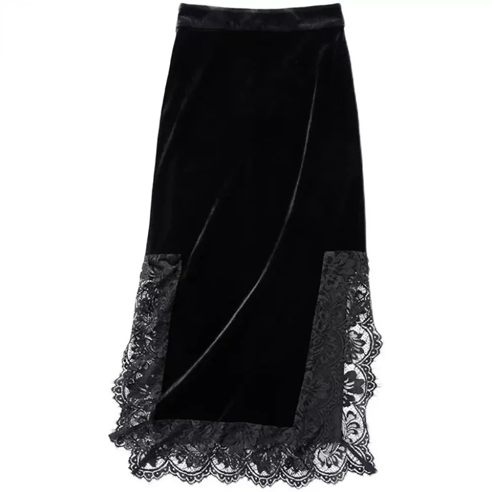 

Goth Vintage Black Long Skirt Aesthetic Elegant Lace Patchwork Velvet Jupe Gothic Sexy Side Split Women Slit Party Faldas Midi