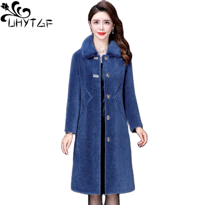 

Новая зимняя куртка UHYTGF для женщин, качественная Меховая куртка из овчины, Женская корейская мода, повседневная теплая верхняя одежда для мам 5XL 1991