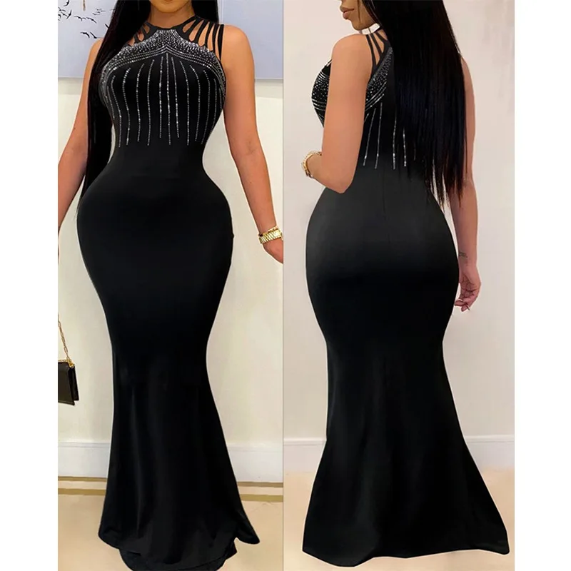 

Sexy Hot Drilling Elegant Fishtail Dress Women 2022 Fashion Suspender Solid Black Evening Dresses for Women Ladies Long Dress