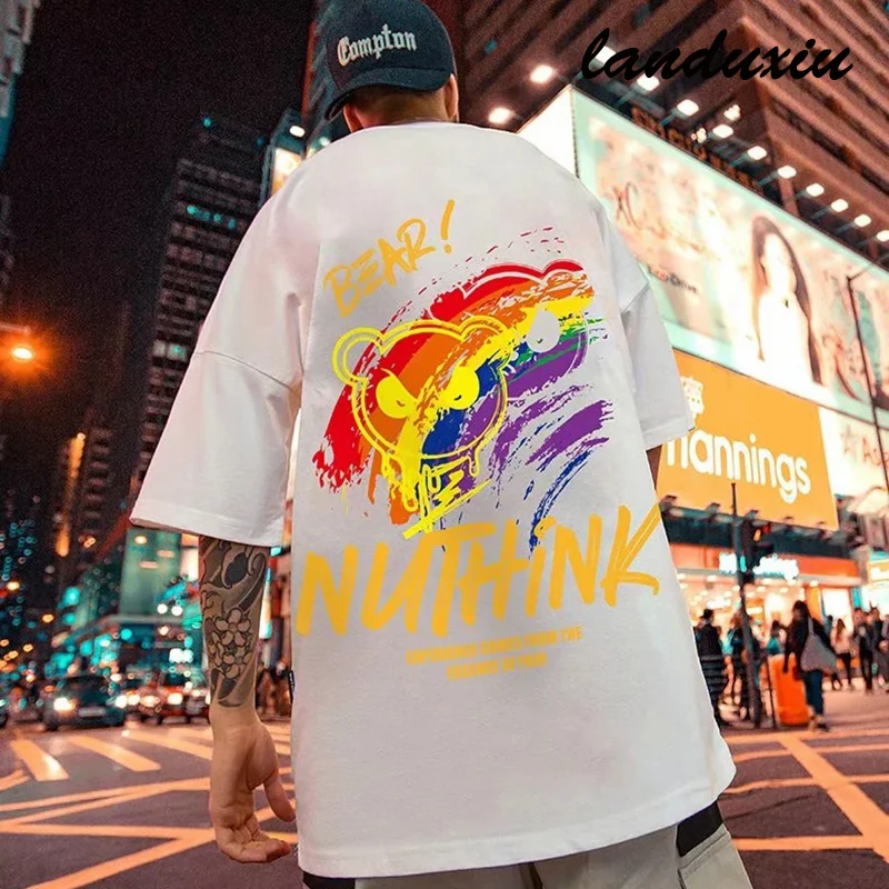 

Летняя Новинка Landuxiu, футболка с коротким рукавом и принтом в виде национального медведя, большие размеры