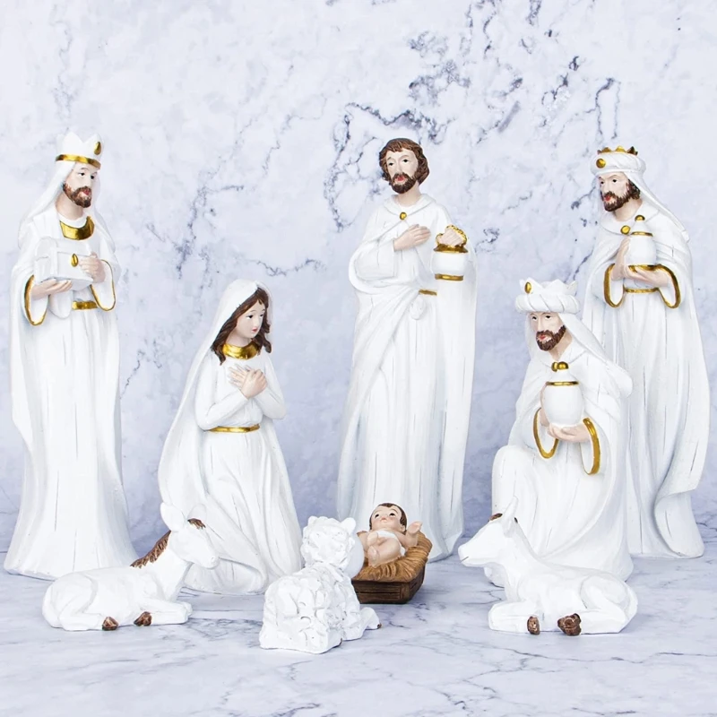 

A0NA Christmas Jesus Nativity Scene Figures Christian Decor Manger Figurines Set Resin Statue Ornament for Catholic Church