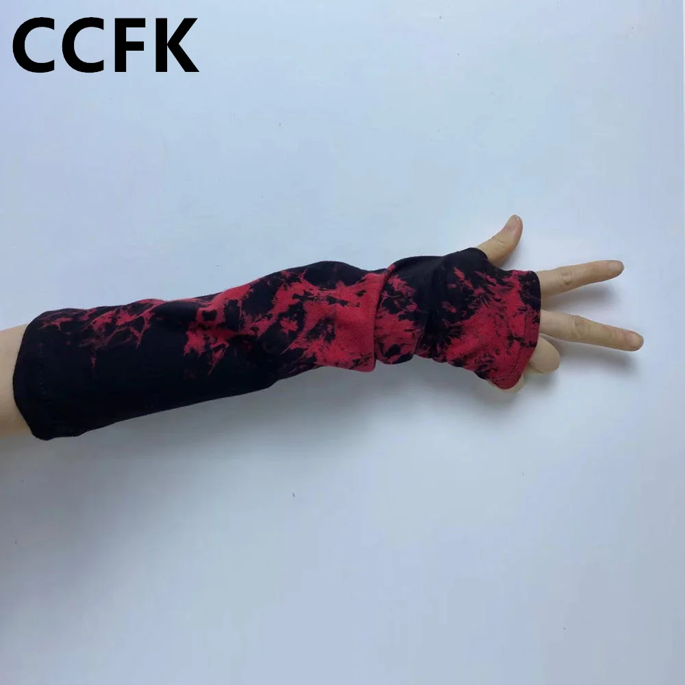 Cyber Punk Fingerless Gloves Female Dark Gothic Elbow Black Red Tie Dye Mittens Hip-hop Fashion Club Grunge Accessories Y2K 2023