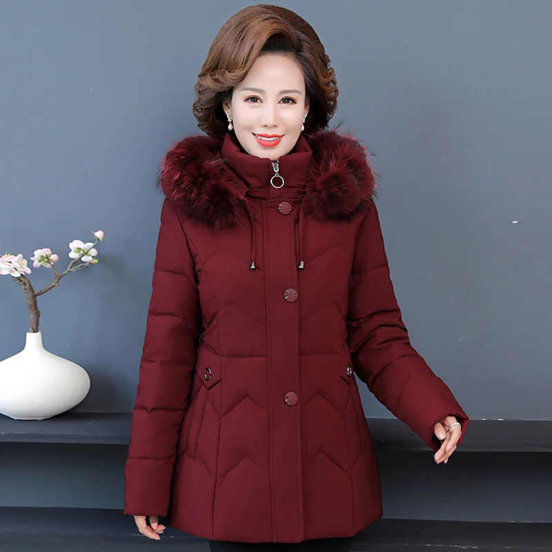 

New Middle-aged Women's Winter Jacket Hooded Woman Parkas Solid Casual Thick Cotton Padded Coat Female Cotton Outwear For Mother