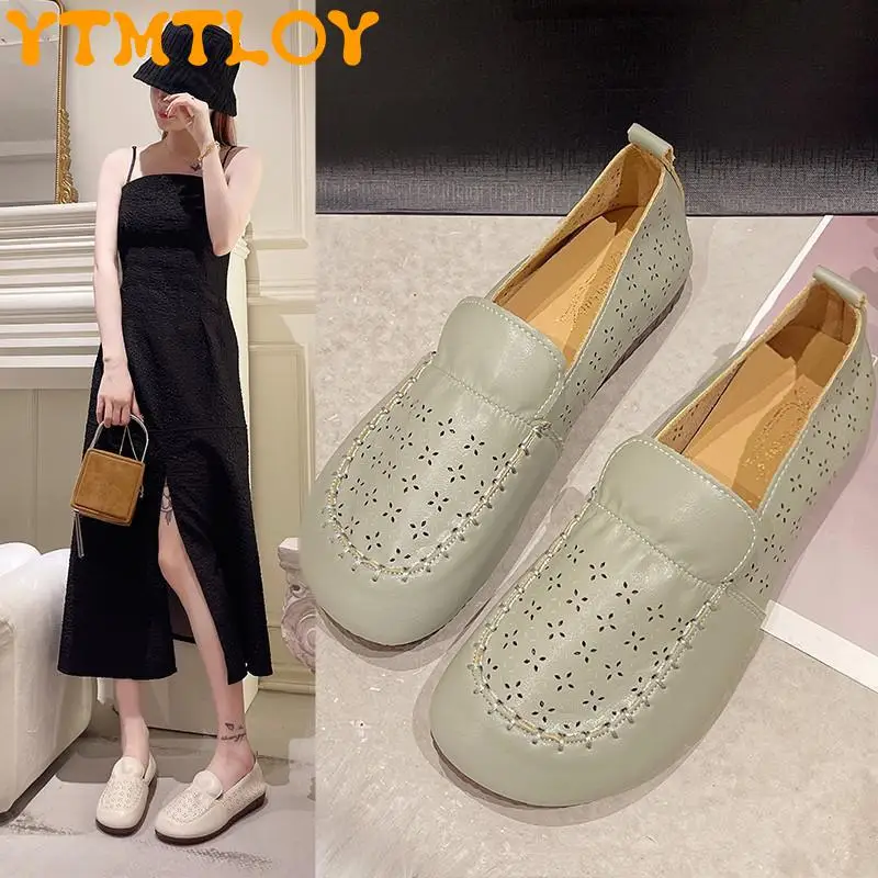 

2022 Popular Soft Leather Low-top Beggars Comfortable Beef Tendon Soft Bottom Peas Shoes Flat Hollow Single Shoes Schuhe