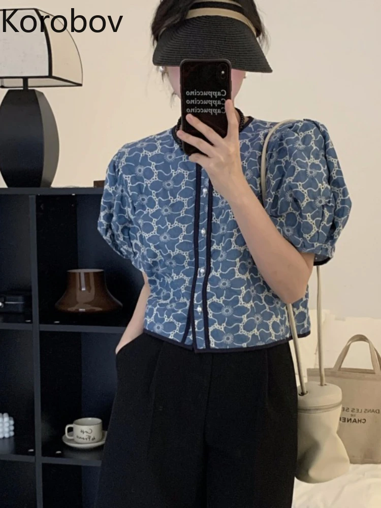 

Korobov Vintage Korean Embroidery Flowers Shirt Single-breasted Temperament Blouses Commute Fashion Blusas Femininas Elegantes