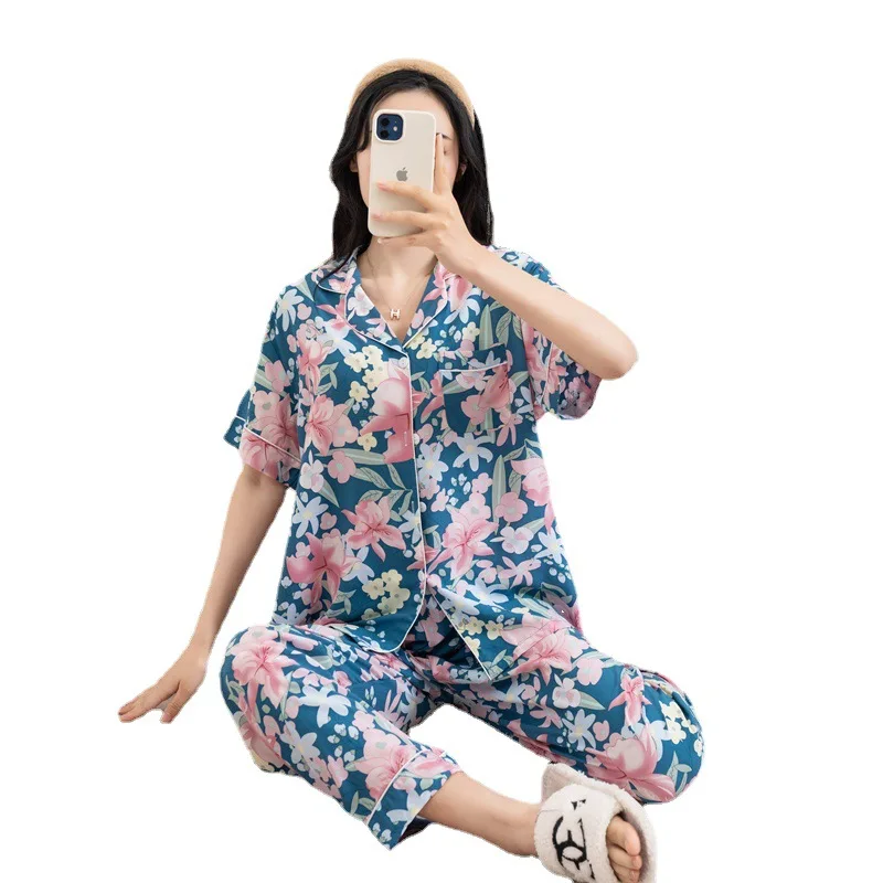 2023 New Pajamas Women Cotton Spring and Summer Plus Size Suit Thin Cartoon Printed Home Set Breathable and Leisure Sleepwear