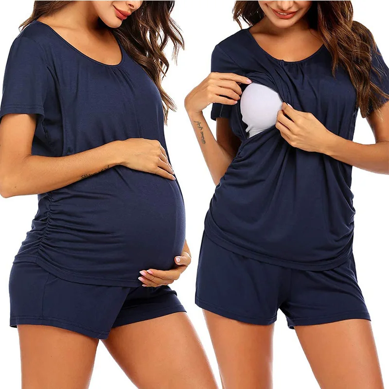 Summer Maternity Tees Tops Women Short Sleeve T-Shirt Femme Round Collar Nursing Clothes Prenancy Fashion Casual Solid T Shirt