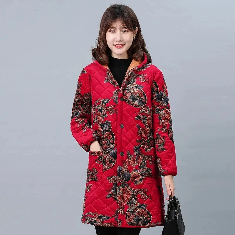 Parkas Women Plus Velvet Thick Middle-aged Elderly Mother Wear Long Padded Coat Female Large Size Hooded Warm Down Cotton Jacket