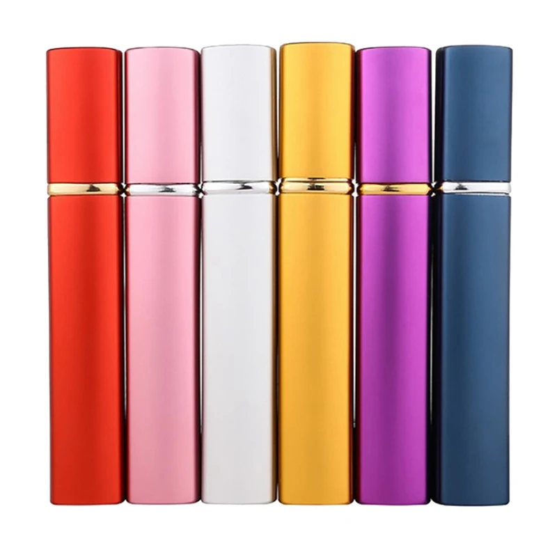 

6 шт., 6 цветов, металлический корпус, стеклянный флакон для духов, алюминиевая насадка, косметический стеклянный контейнер для духов, 12 мл