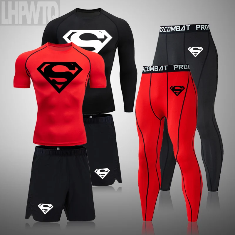 

Men MMA Compression Sets Tracksuit Superhero Mens Sport Jogging Suit Running Set Rashgard Gym Clothing Men Fitness Workout Tight