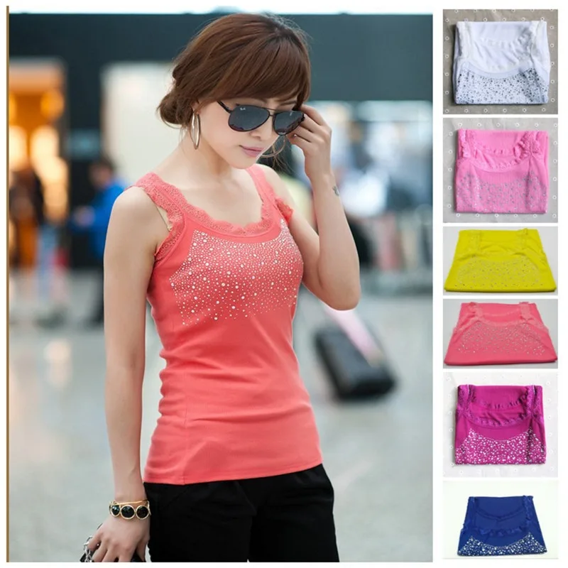 

Summer Women Tank Tops Girls Elegant Vest Lace Collar Tank Camis Rhinestone Lace Stunning Based Sleeveless Top
