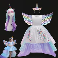 kids rainbow unicorn dress with long tails angel wings party dress for girl princess costume encanto gown baby girls pony dress