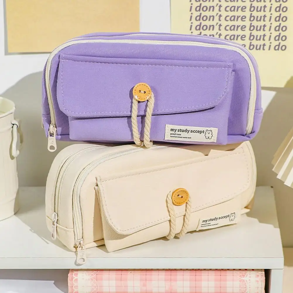 Case 3 Compartments Pencil Case Large Capacity Pencil Case Stylish With Buttons Stationery Storage For Students