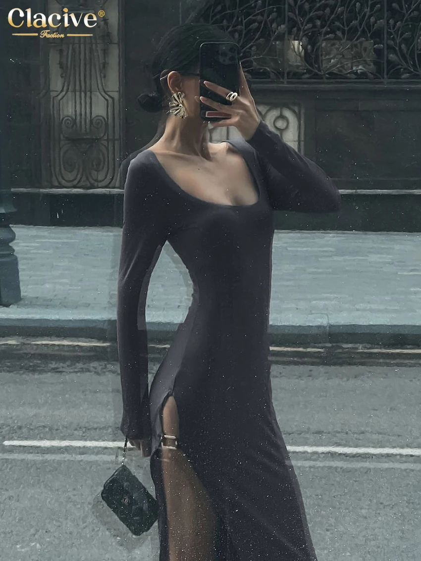 Модное тонкое серое трикотажное женское платье Clacive 2024 боди с U-образным вырезом и